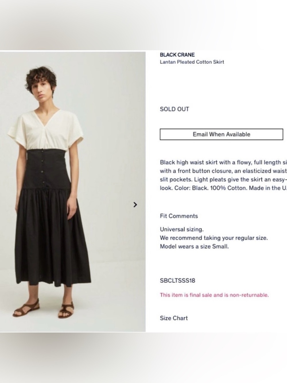 Black Crane Lantan Pleated Cotton Skirt Ivory Button Front Drop Waist Small - Picture 9 of 10